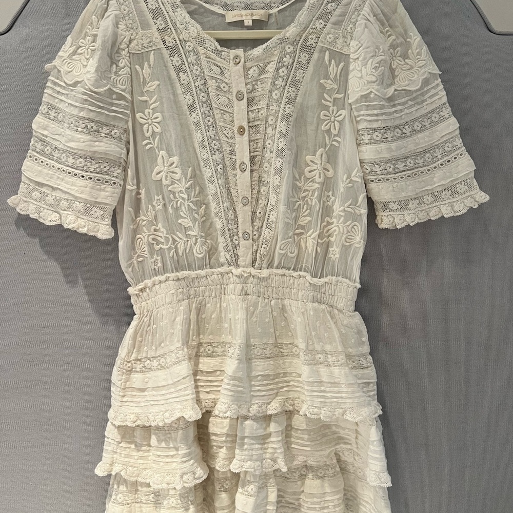 LoveShackFancy Cream Lace Ruffle Mini Dress